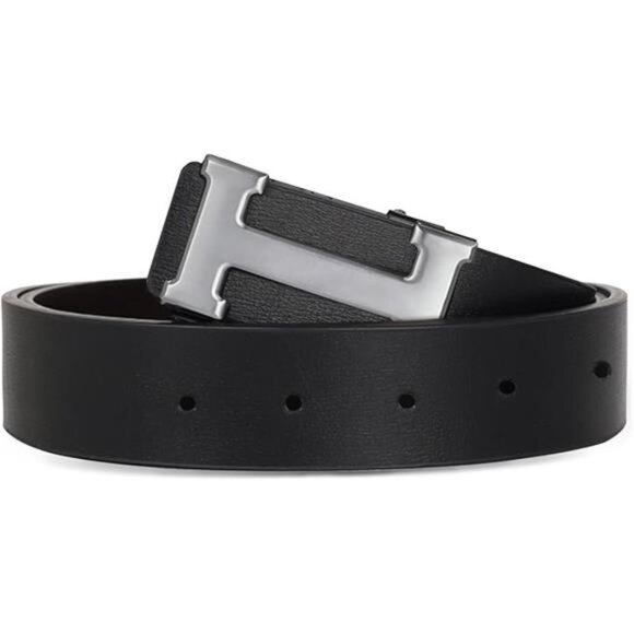 Men&Womens Leather Dress Belt Business Automatic Buckle Belt Color-Black Silver main image 4